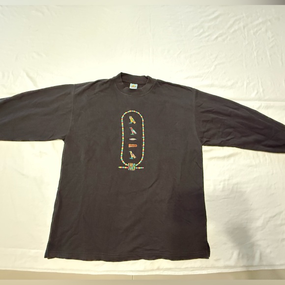Vintage Darwish L Moonlight Egyptian Ancient Hieroglyphics Cotton Black Crewneck - Picture 2 of 8